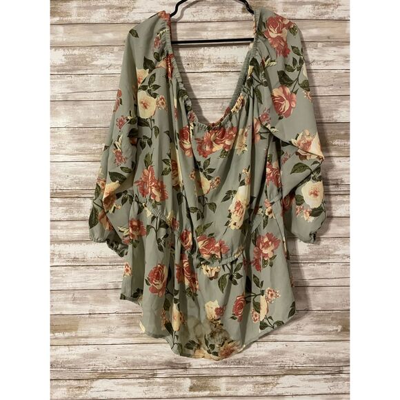 Rue21 Tops - RUE 21 Green Floral Off The Shoulder Peasant Top 4X Short Sleeve Stretch Waist